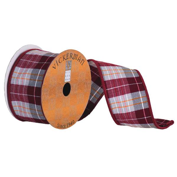 4" x 10yd Red / White / Gray / Orange Plaid With Red Edge Ribbon