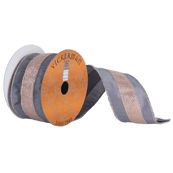 2.5" x 5yd Gray Ribbon With Gold Jewel Center Stripe And Gold Edge