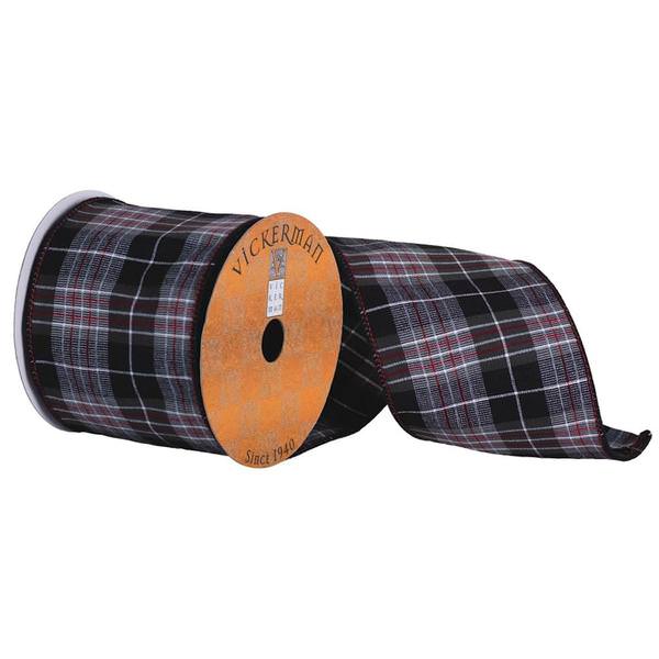 2.5" x 10yd Black / Gray / White / Red Plaid Ribbon