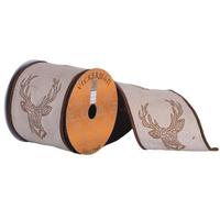 Vickerman 4" x 10yd Natural Tan Ribbon With Emberoidered Brown Reindeer
