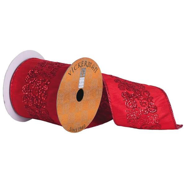 4" x 5yd Red Ribbon With Red Sequin Swirl Center