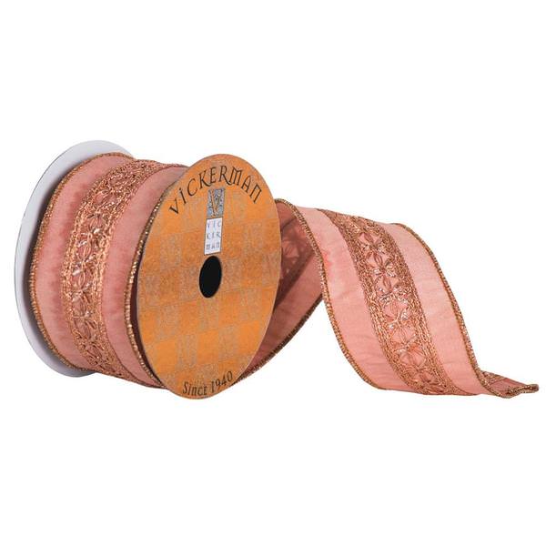 2.5" x 5yd Rose Gold Ribbon With Floral Center Stripe Pattern And Gold Edge