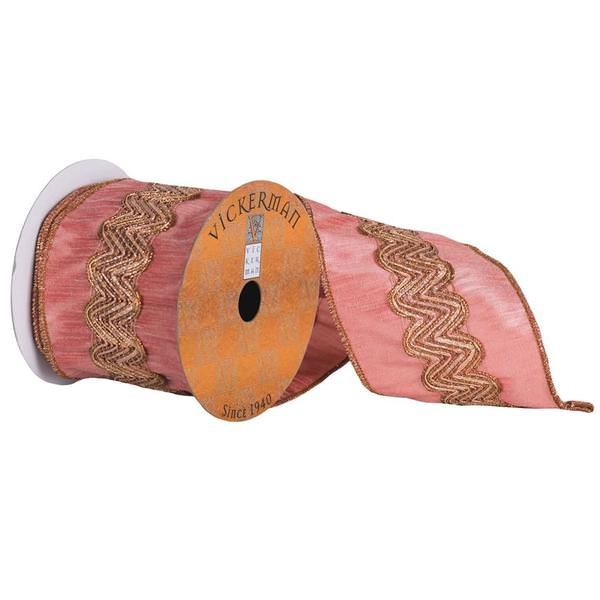 4" x 5yd Rose Gold Ribbon With Zigzag Center Stripe