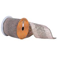 Vickerman 4" x 5yd Beige Ribbon With Glitter Floral Pattern And Shiny Edge