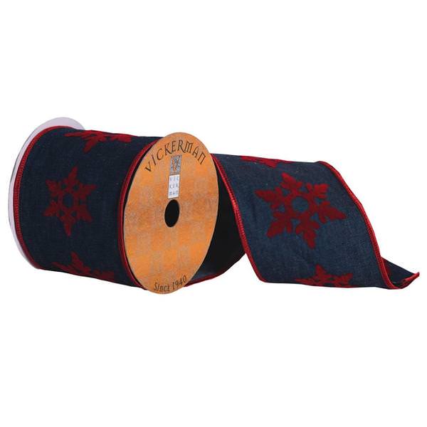 4" x 10yd Dark Blue Ribbon With Red Felt Snowflakes
