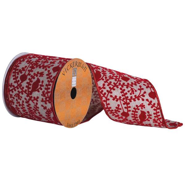 4" x 10yd Natural Tan Ribbon Red Felt Branches Bird Pattern