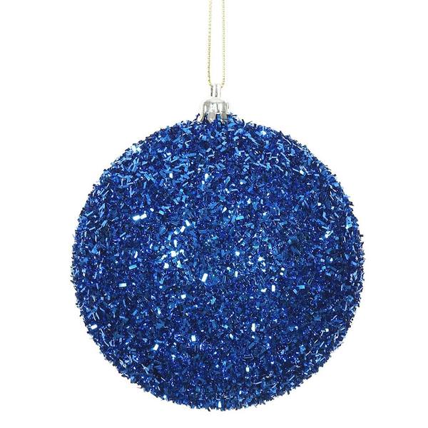 4" Blue Tinsel Ball Christmas Ornament (4 pack)
