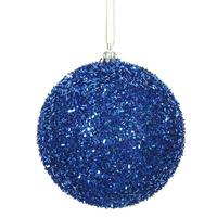 View 4" Blue Tinsel Ball Christmas Ornament (4 pack)