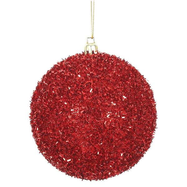 4" Red Tinsel Ball Christmas Ornament (4 pack)