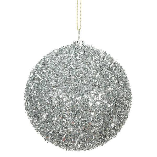 4" Silver Tinsel Ball Christmas Ornament (4 pack)