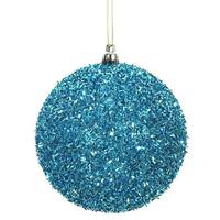 View 4" Turquoise Tinsel Ball Christmas Ornament (4 pack)