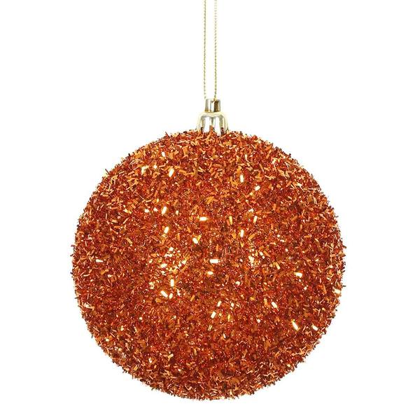 4" Burnished Orange Tinsel Ball Christmas Ornament (4 pack)