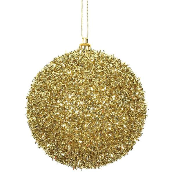 4" Gold Tinsel Ball Christmas Ornament (4 pack)