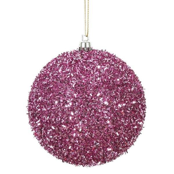4" Pink Tinsel Ball Christmas Ornament (4 pack)