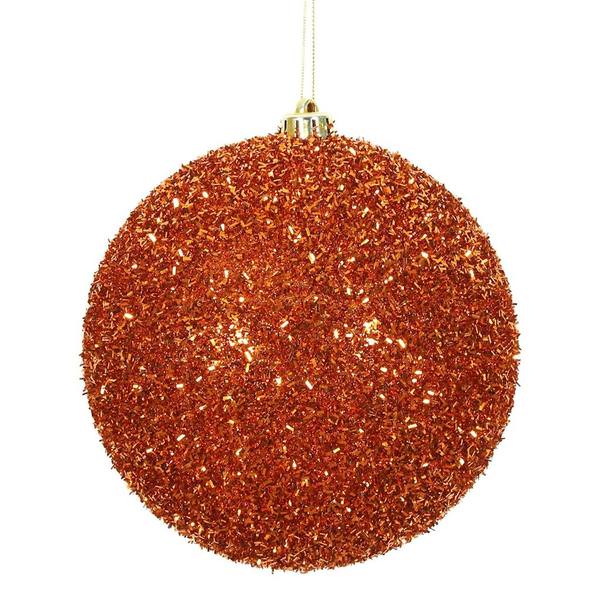 6" Burnished Orange Tinsel Ball Christmas Ornament (2 pack)