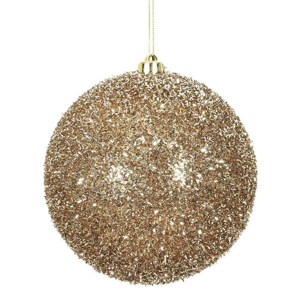 6" Champagne Tinsel Ball Christmas Ornament (2 pack)