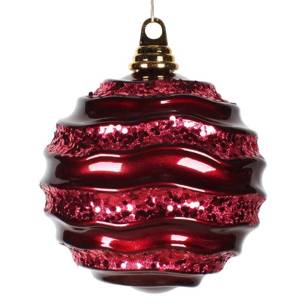 8'' Burgundy Candy Glitter Wave Ball Ornament