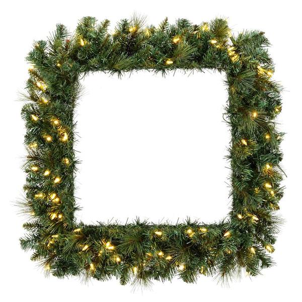 30" Artificial Square Mixed Brussels Pine Wreath 70 Clear Miniature Lights