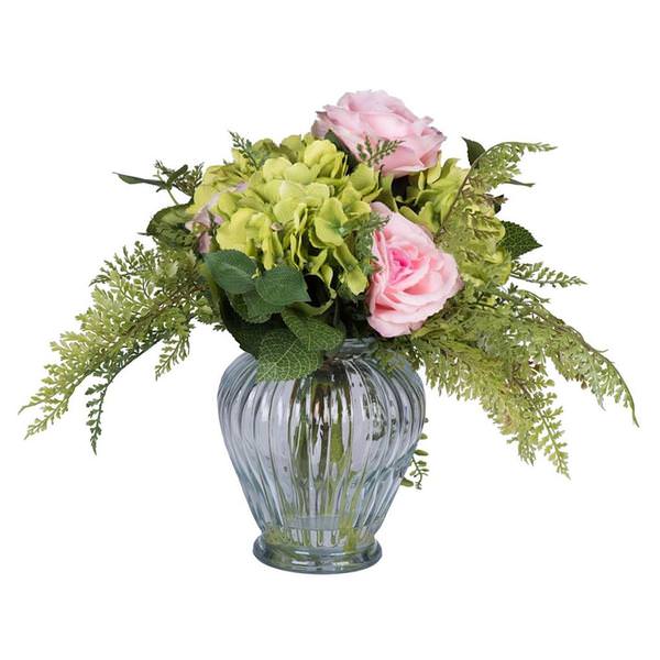 16" Artificial Pink Roses in Clear Glass Vase