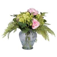 Vickerman 16" Artificial Pink Roses in Clear Glass Vase