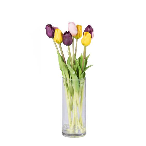 16" Artificial Mixed Tulip Arrangement With Glass Cylinder
