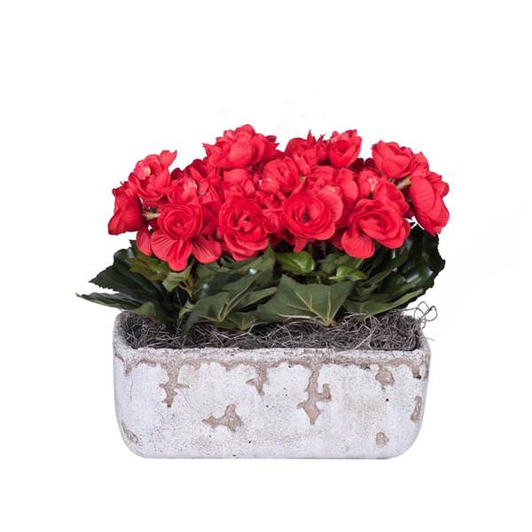 10" Artificial Red Begonia Bush With Cement Rectangle