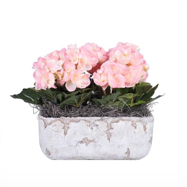 10" Artificial Pink Begonia Bush With Cement Rectangle