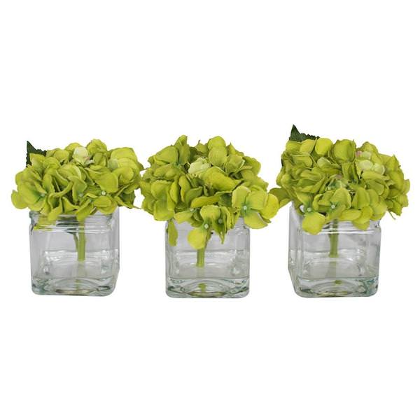 5" Artificial Green Hydrangea in Clear Glass Cube