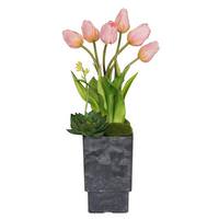 Vickerman 18" Artificial Pink Tulips in Square Plastic Vase