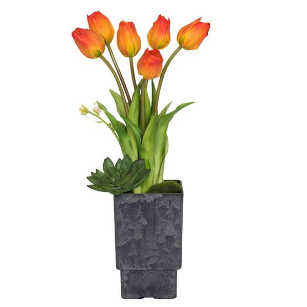 18" Artificial Orange Tulips in Square Plastic Vase