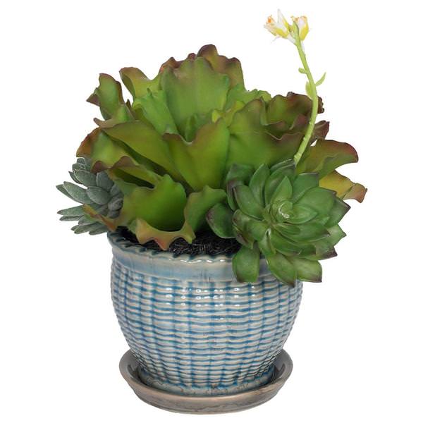12.5" Artificial Succulent Mix in Blue Ceramic Pot