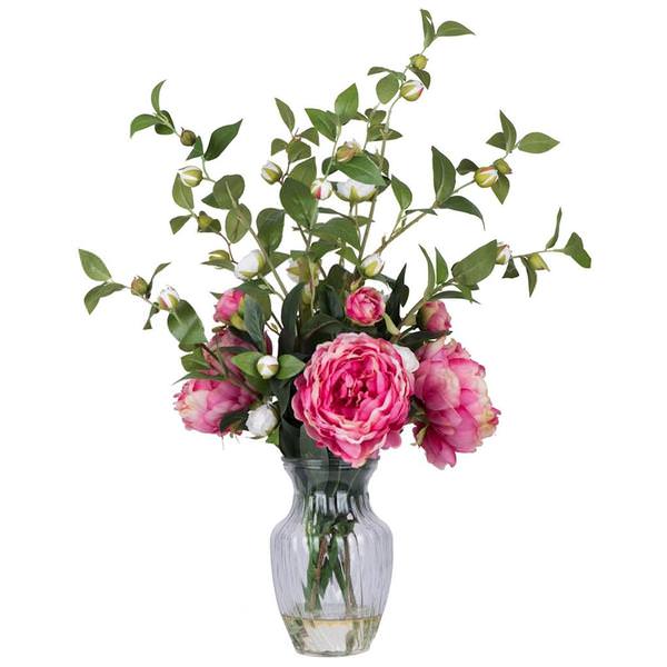 25.5" Artificial Pink Peony with White Tea Roses in Swirl Vase