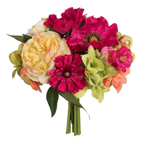 11" Artificial Mixed Poppy/Dahlia/Yellow Rose Bundle Bouquet
