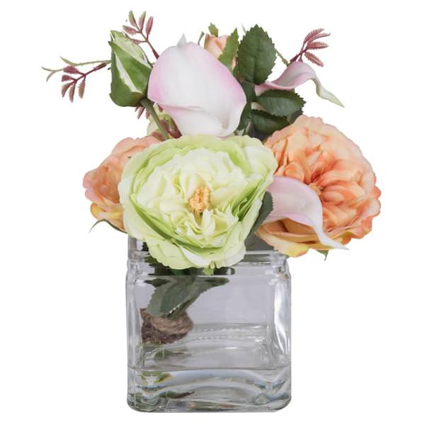 10" Artificial Rose Spray Pink Calla Lily Bouquet in Cube Vase