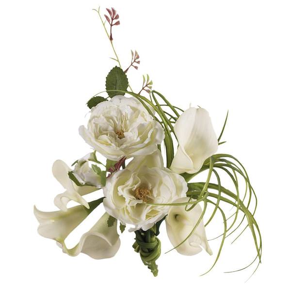 12" Artificial Mixed White Calla Lily/ White Rose Spray/ Grass Frosted Bouquet