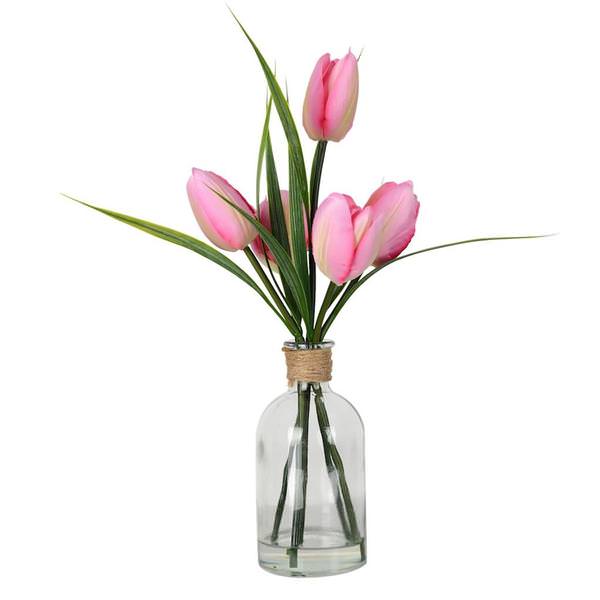 12" Artificial Pink Tulips With Glass Pot