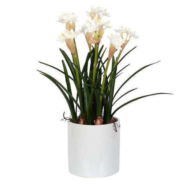 16.5" Artificial White Daffodil With Ceramic Pot