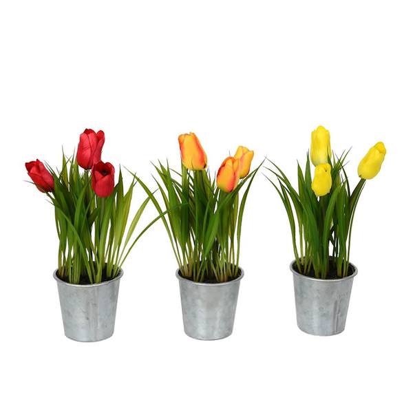 9.5" Artificial Assorted Tulips With Metal Pots (set of 3)