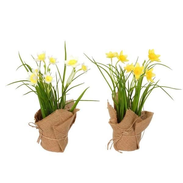 10" Artificial Yellow Daffodils With Burlap Pots (2 pack)
