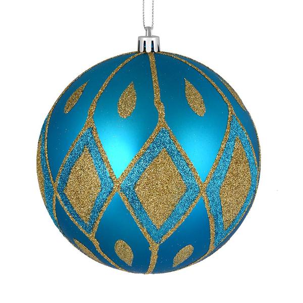 4" Turquoise Matte Glitter Diamond Ball Ornament (4 pack)