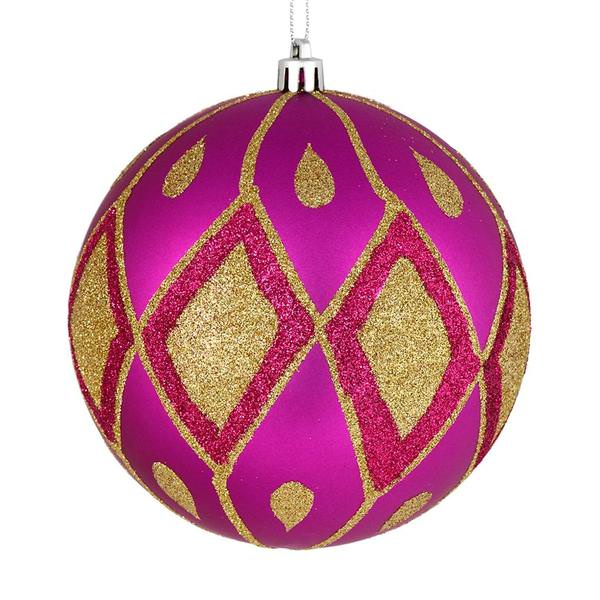 4" Fuchsia Matte Glitter Diamond Ball Ornament (4 pack)