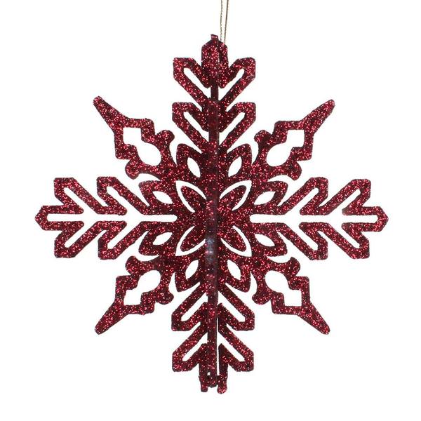6" Burgundy 3D Glitter Snowflake Ornament (3 pack)