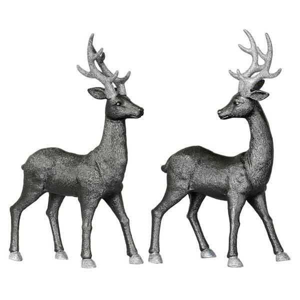 16.5" Pewter Deer Set with Glitter Ornament (set of 2)