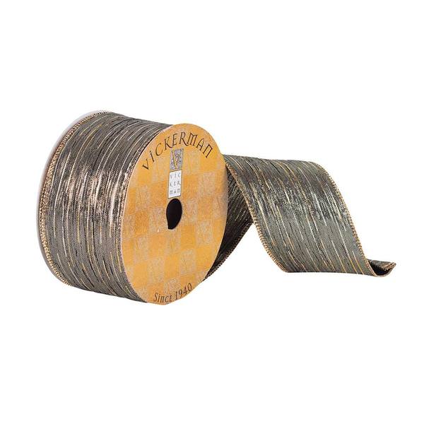 2.5" x 10Yd Pewter with White / Gold Accents Wired Ribbon