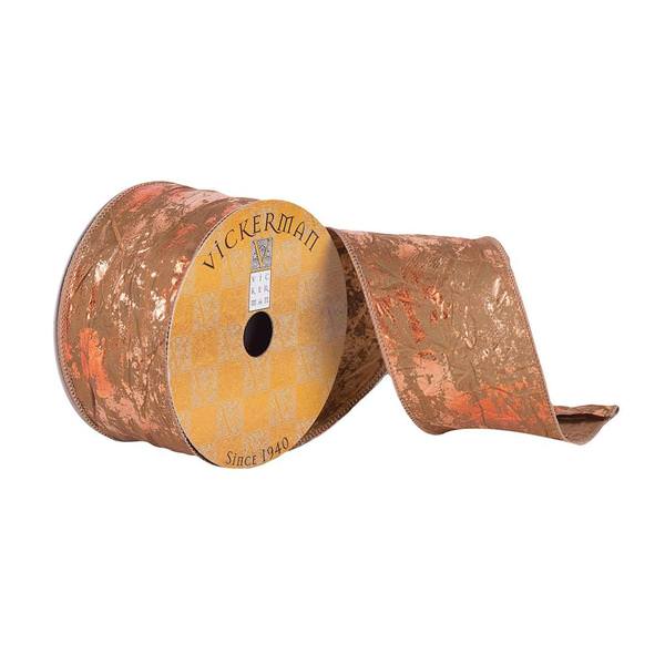 2.5" x 10Yd Crushed Mocha Stamped Copper Wired Ribbon