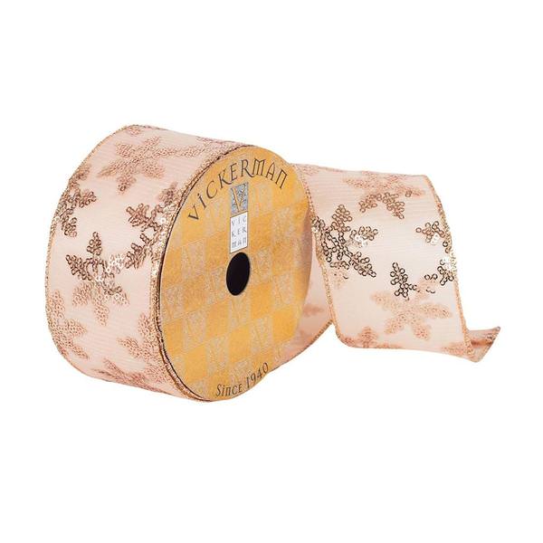 2.5" x 10Yd Rose Gold Sequin Snowflakes Wired Ribbon