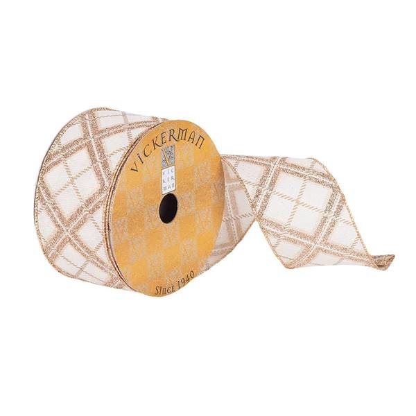2.5" x 10Yd White Woven Dupion with Gold Diamond Glitter Wired Ribbon