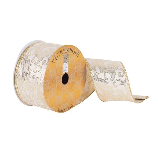 2.5" x 10Yd Champagne / Gold Woven Dupion Filigree Wired Ribbon