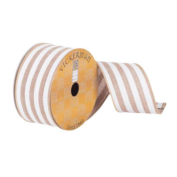 2.5" x 10Yd Beige Dupion White Stripe Wired Ribbon