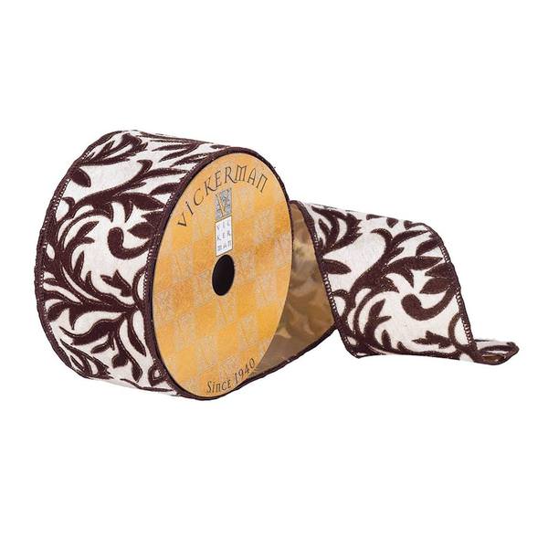 2.5" x 10Yd Ivory / Dark Brown Herati Wired Ribbon